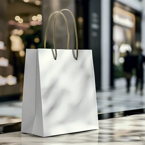 White paper bag with golden handles against a store background