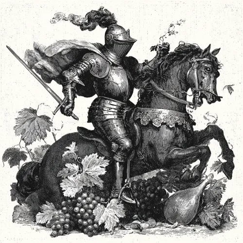 Illustration of a knight sitting on a horse, surrounded by vines and grapes