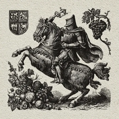 Ilustración de un caballero en un caballo, rodeado de frutas y un escudo.