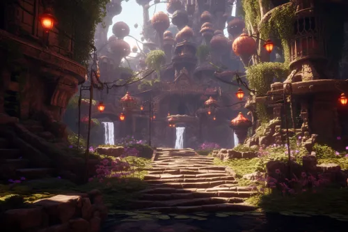 A fantastic landscape with waterfalls, lanterns, and green plants