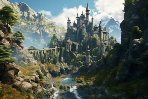 Castle against the backdrop of picturesque mountains and forest rocky landscapes