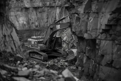 Экскаватор CAT работает в горной местности в карьере