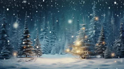 Snowy forest with lit fir trees on a winter night