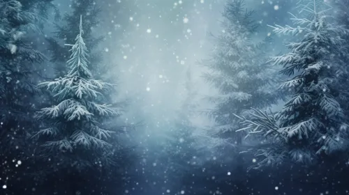 Snowfall in a forest with snow-covered trees on a winter evening