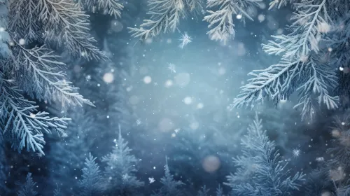 Frosty evergreen trees against a cold winter sky