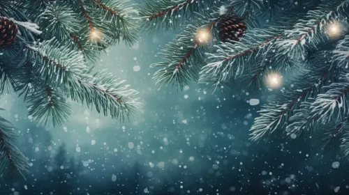 Bosque invernal, ramas de pino, nieve y luces de fondo