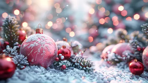 Composición festiva con bolas navideñas y ramas nevadas