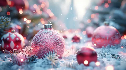 Hermosas bolas navideñas sobre una superficie nevada con ligeros destellos