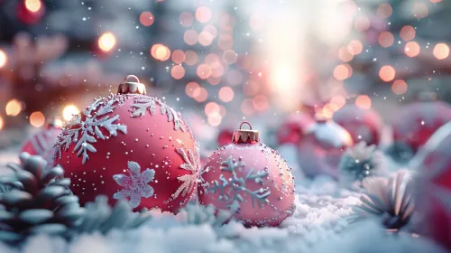 Beautiful composition of New Year ornaments and snowy decor