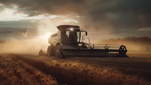 A combine harvester gathering wheat in the golden light of the sunset