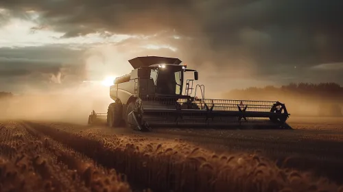 A combine harvester gathering crops in a golden field under a sunset sky