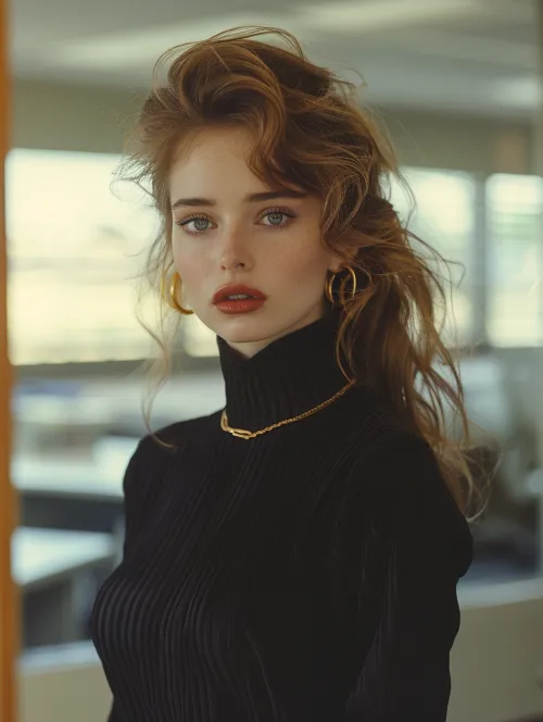 Young woman with chestnut hair in a black sweater against an office interior background