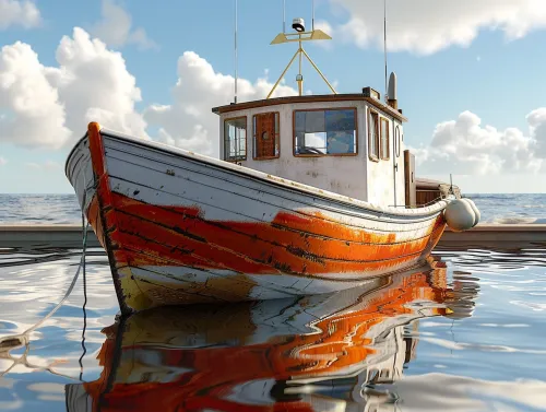 Wooden yacht with a distinctive design against a backdrop of sea and clouds