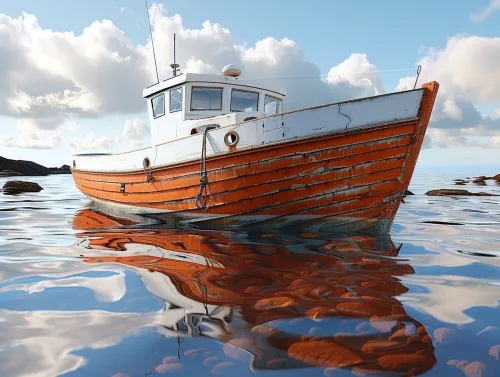 Retro boat reflecting in a calm sea water body