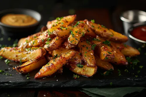 A serving of French fries seasoned with herbs and served with sauces.