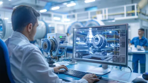 Engineer working at a computer, analyzing equipment parts on the screen
