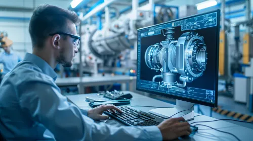 Ingeniero analiza un modelo 3D en la pantalla en un centro técnico
