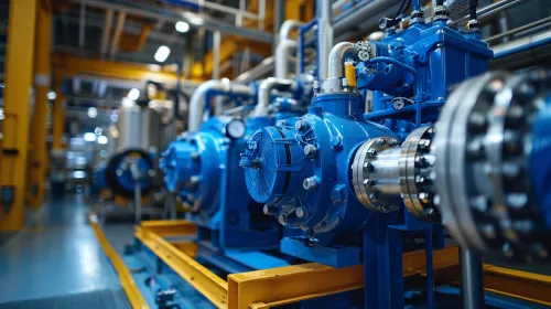 Industrial pumps with blue coating in a factory storage area