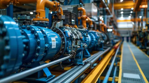 Sistemas de bombas industriales con tuberías y equipos en la fábrica