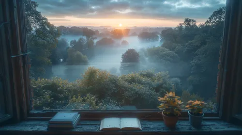 Suave atardecer detrás de los árboles, vista desde la ventana con flores en el alféizar