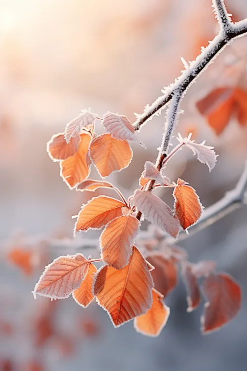 Icy Leaves on a Branch with Light Frost Against a Winter Landscape