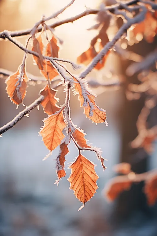 Frost-covered leaves on a branch illuminated by soft winter light