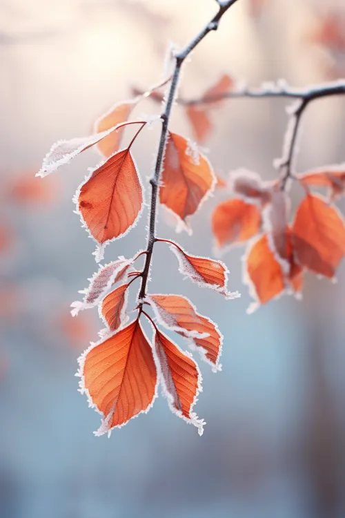 Brillantes hojas de otoño cubiertas de escarcha, contra un paisaje invernal