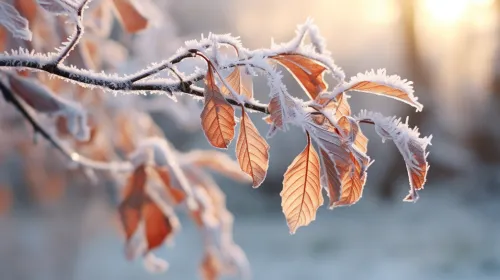 Hermosa rama con hojas cubiertas de escarcha en invierno