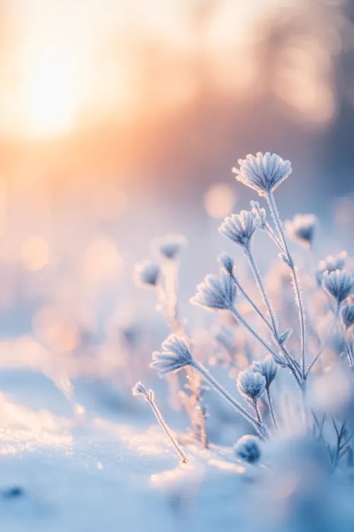 A winter photograph of blooming plants covered in frost
