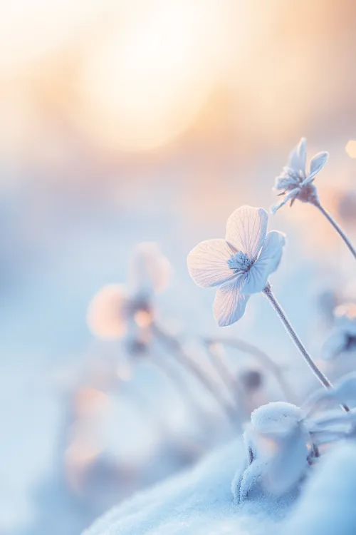White Flowers with Frost Against a Blurred Warm Tones of Sunset