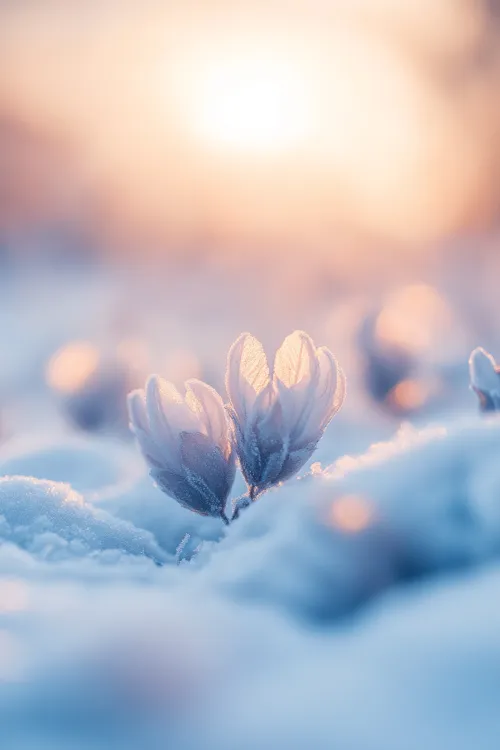 Frozen flowers covered with snow against the backdrop of a winter dawn
