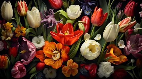Diverse flowers, including tulips and other plants on a black background