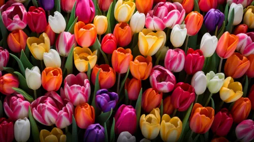 A variety of tulips in different colors against a green background