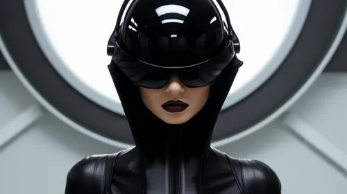 Imagen de una mujer en un traje negro y casco en un espacio futurista