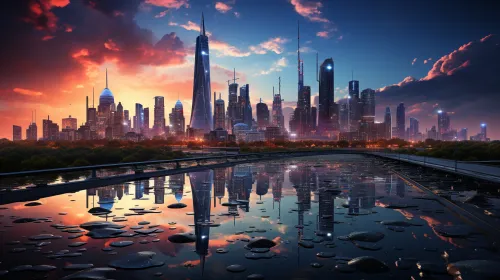 Urban landscape with skyscrapers and reflections in the water