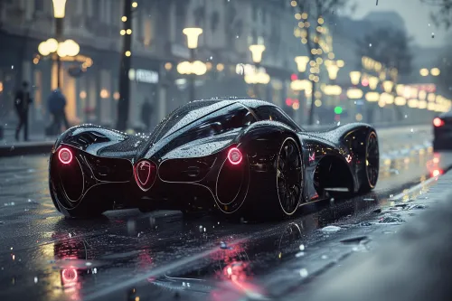 Modern sports car with a shiny surface in the rain