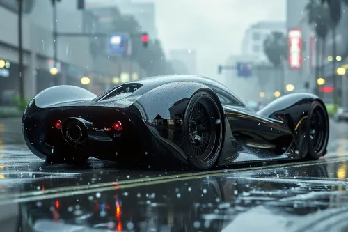 Shiny black supercar on a wet road in an urban setting