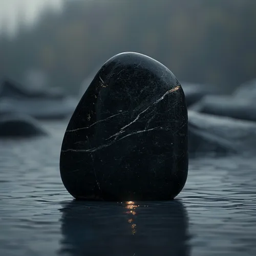 Smooth black stone reflecting light on the calm surface of the water
