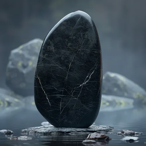 Black stone with marble veins reflecting in the water