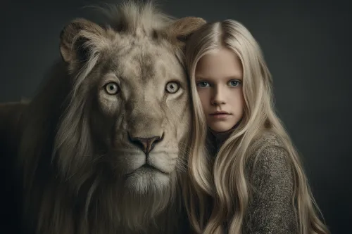 Portrait of a girl next to a smooth lion on a dark background