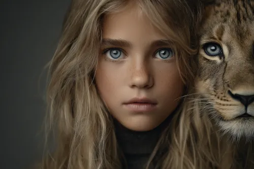 Portrait of a girl with expressive eyes and a lion beside her