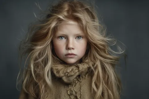 A girl with long hair and light blue eyes, dressed in a knitted sweater