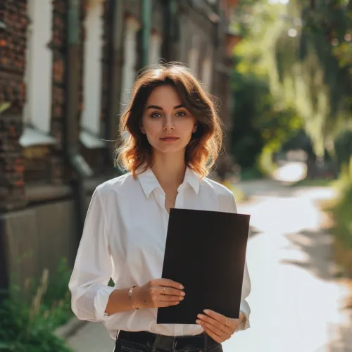 Young woman in a white shirt holding a black folder against the street background
