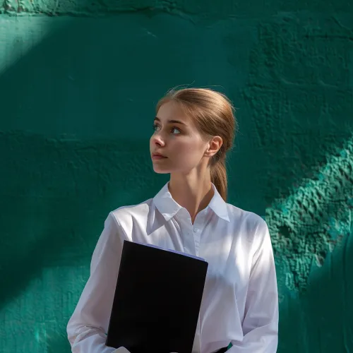 Woman in a white shirt holding a black folder against a textured green wall