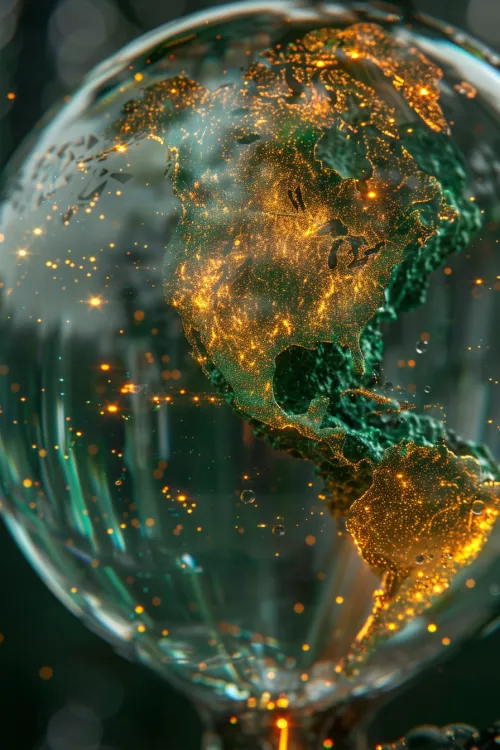 Image of a globe with glowing continents and waters