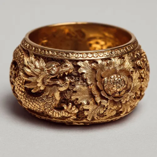 Golden bracelet with detailed depiction of a dragon and flowers