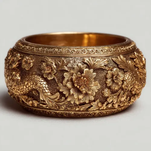 Elegant Gold Ring featuring Fish and Flowers