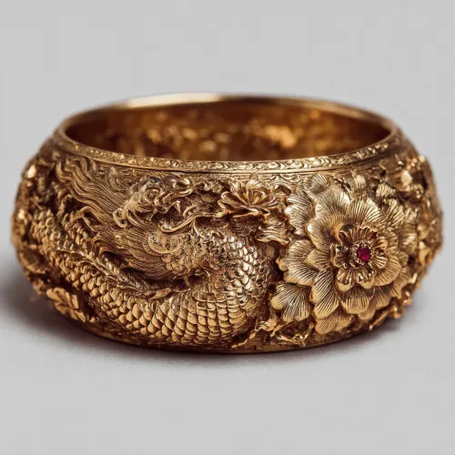 Gold bracelet featuring a detailed image of a dragon and flowers