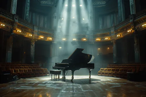Image of a grand piano on a theater stage with lighting effects