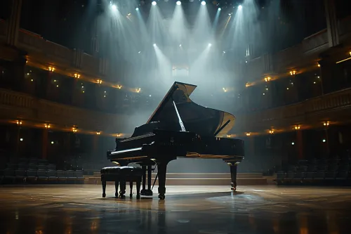 Imagen de un piano de concierto en el teatro, iluminado por brillantes focos